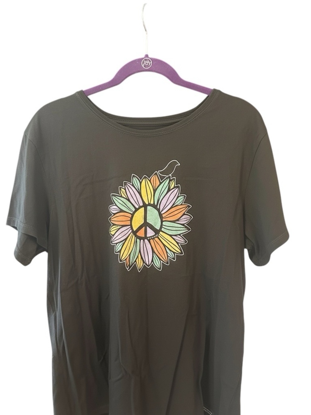 Women's Grey Graphic Tee with Colorful Sunflower Peace Design